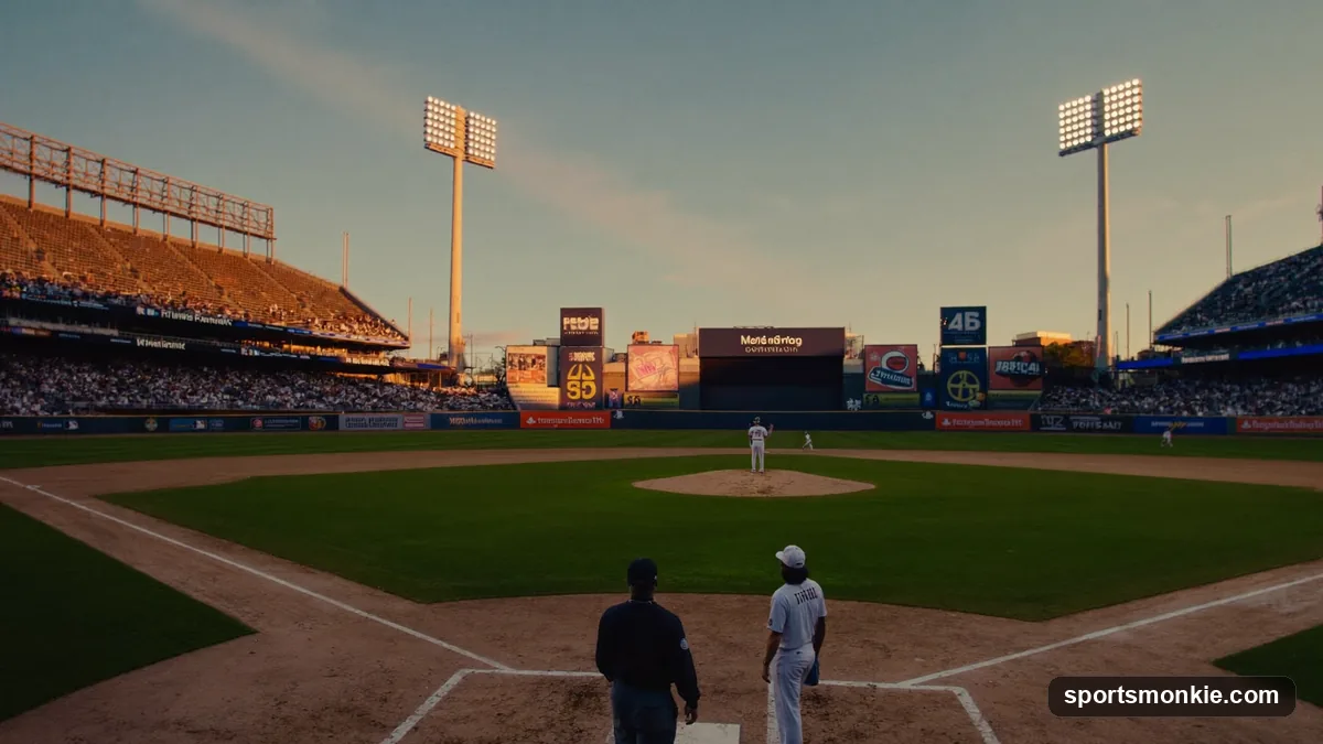 Baseball roster lineup card with nine position slots on a stadium backdrop