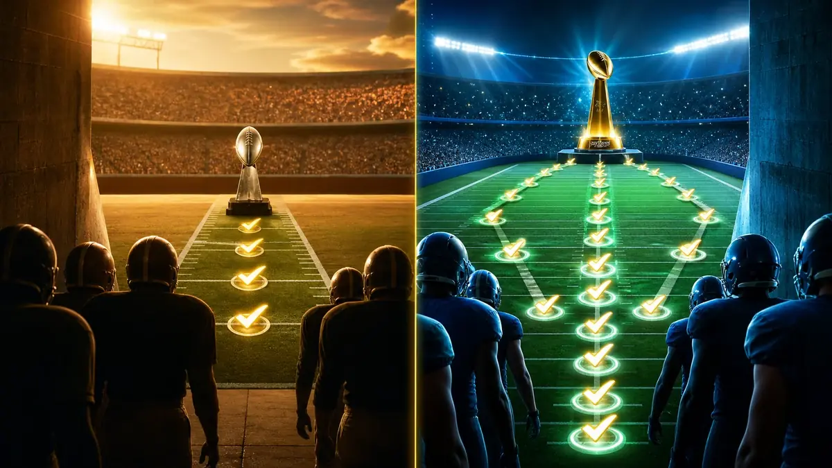 Football scoreboard showing a regular season record next to a playoff bracket, representing two different perfect-season targets