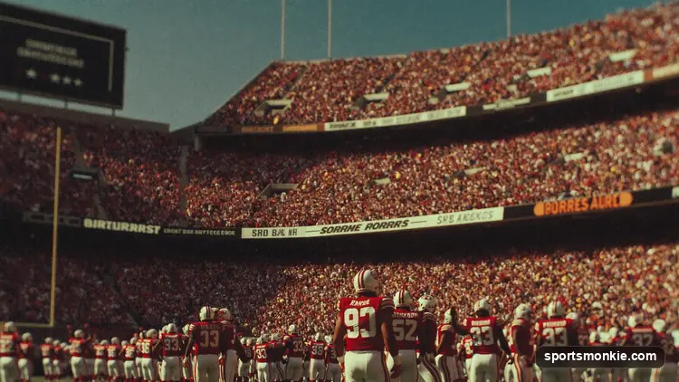 Vintage American football helmet on a grass field with retro stadium in soft focus