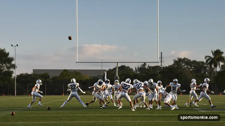 7-on-7 flag football formation diagram showing quarterback, center, receivers, rusher, defensive backs and safety
