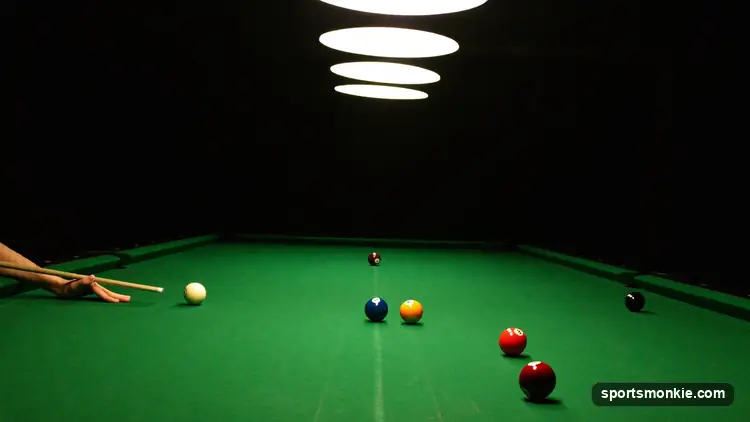 8-ball pool table with racked balls, solids and stripes, cue ball and the 8-ball
