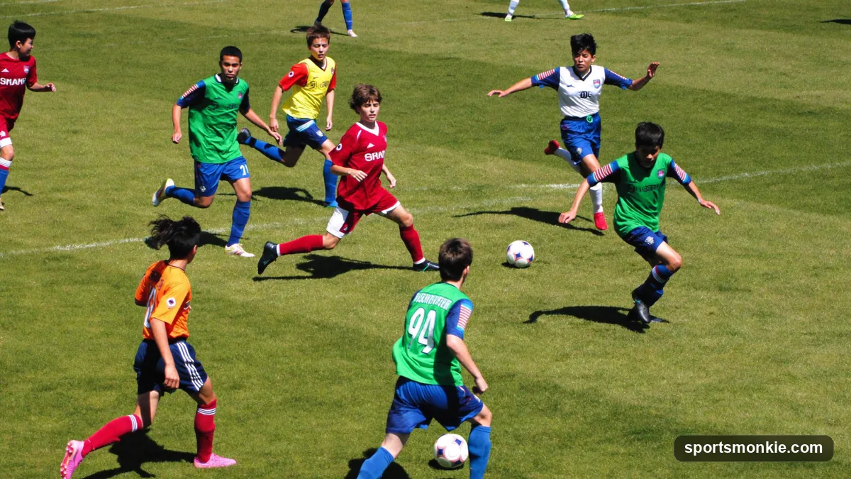 Diagram of a 9v9 youth soccer formation showing defenders, midfielders, and forwards on a smaller pitch