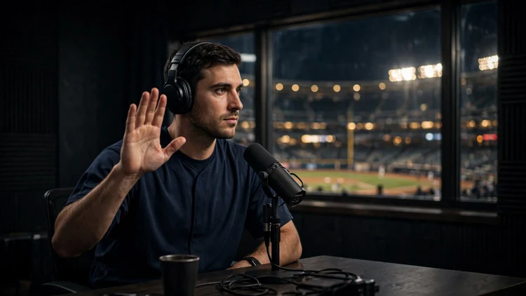 A generic baseball player in a plain dark jersey wearing headphones at a podcast microphone in a dark studio, raising one hand in a denial gesture with a floodlit stadium behind the window, editorial graphic