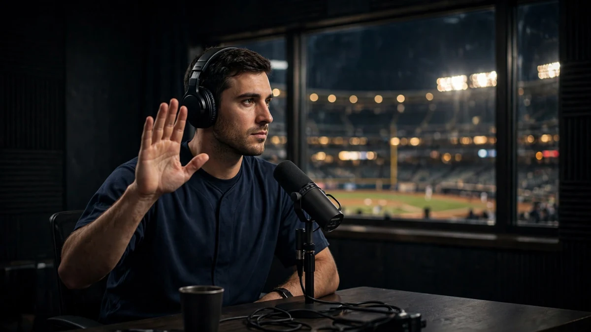 A generic baseball player in a plain dark jersey wearing headphones at a podcast microphone in a dark studio, raising one hand in a denial gesture with a floodlit stadium behind the window, editorial graphic