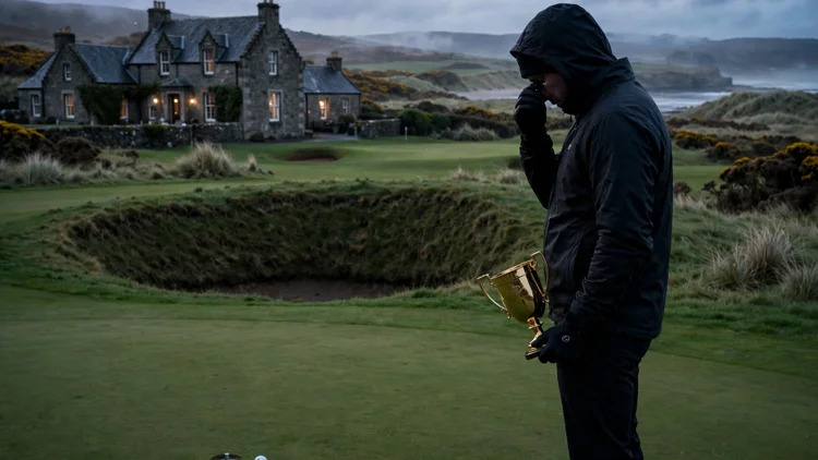 An anonymous golfer in dark waterproofs holding a gold trophy and wiping his eye on the 18th green of a Scottish links course at dusk, with a deep bunker hollow and stone clubhouse behind him, editorial graphic
