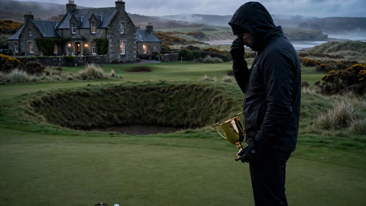 An anonymous golfer in dark waterproofs holding a gold trophy and wiping his eye on the 18th green of a Scottish links course at dusk, with a deep bunker hollow and stone clubhouse behind him, editorial graphic