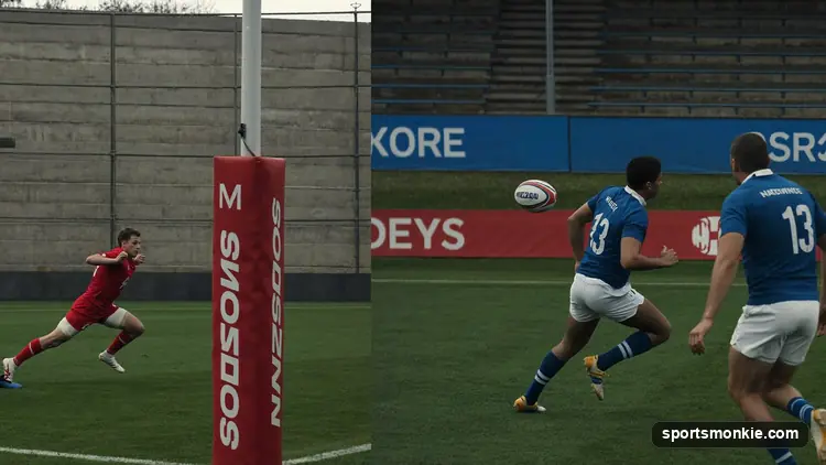 Split image of an AFL player marking on an oval beside rugby players in a tackle