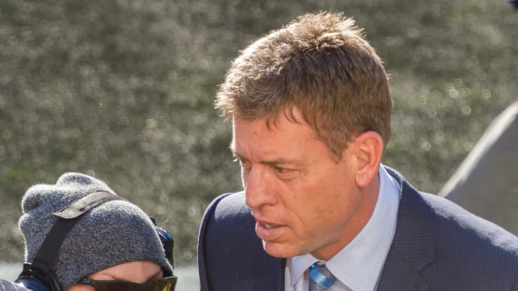 File photo from February 7, 2016: Troy Aikman at Super Bowl 50, during his years as a lead NFL broadcaster. A file photo from an earlier Super Bowl, not from this season and not from the October game at SoFi Stadium.