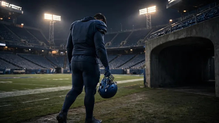 A large generic offensive lineman in a plain dark uniform walks alone toward a stadium tunnel at night, helmet in hand and head bowed, after a game, editorial graphic. AI-generated illustration, not SoFi Stadium or any real player.
