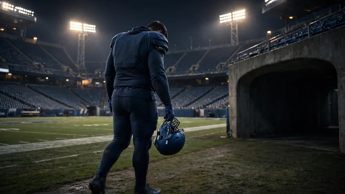 A large generic offensive lineman in a plain dark uniform walks alone toward a stadium tunnel at night, helmet in hand and head bowed, after a game, editorial graphic. AI-generated illustration, not SoFi Stadium or any real player.