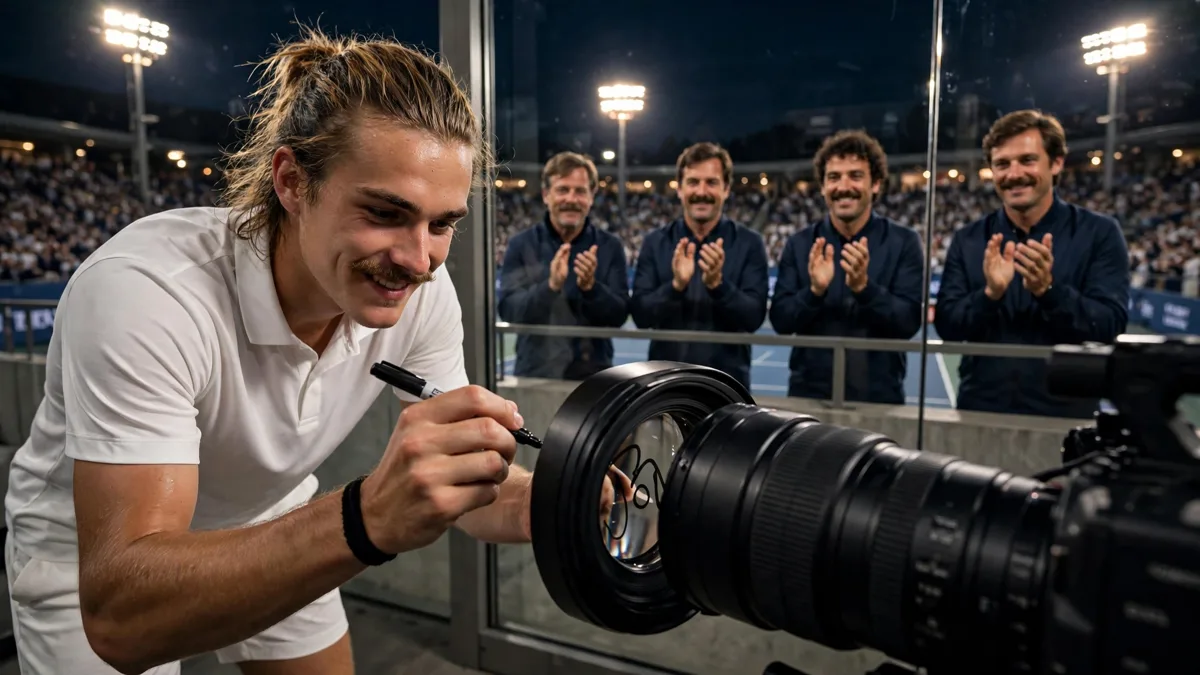 A generic young long-haired tennis player with a prominent moustache signing a courtside TV camera lens while his coaching team, all wearing matching moustaches, applaud from the player box behind him, editorial graphic