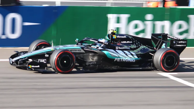 File photo from 14 March 2026: Kimi Antonelli's Mercedes on track in qualifying for the Chinese Grand Prix. It was not taken in Mexico City and does not show the illness or the missed media day.