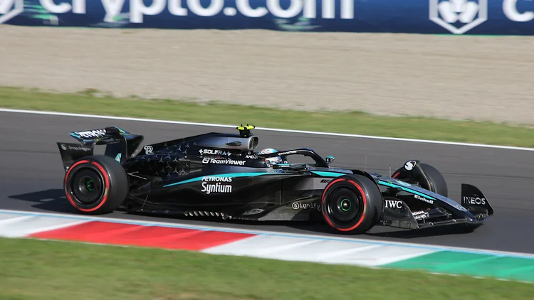 File photo from September 2025: Kimi Antonelli's black Mercedes No. 12 on track at Monza. It was not taken at Austin. Licensed under CC BY 4.0.