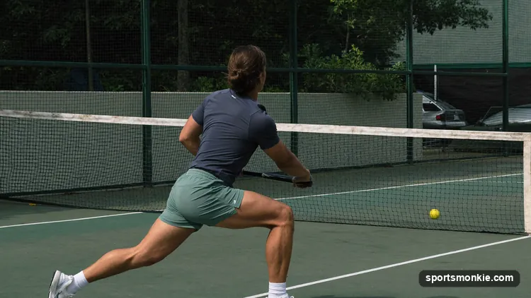 A pickleball player hitting an around-the-post shot outside the net post