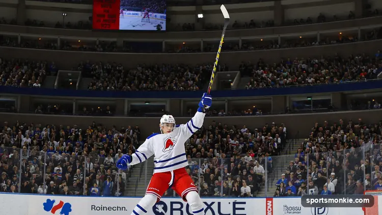 NHL forward celebrating a goal as the crowd rises behind the glass