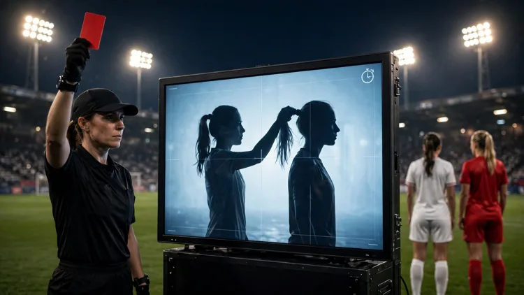 A referee holding up a red card beside a glowing VAR review screen showing a generic player pulling another player's ponytail, two generic women's footballers in plain unbranded kits under floodlights, editorial graphic