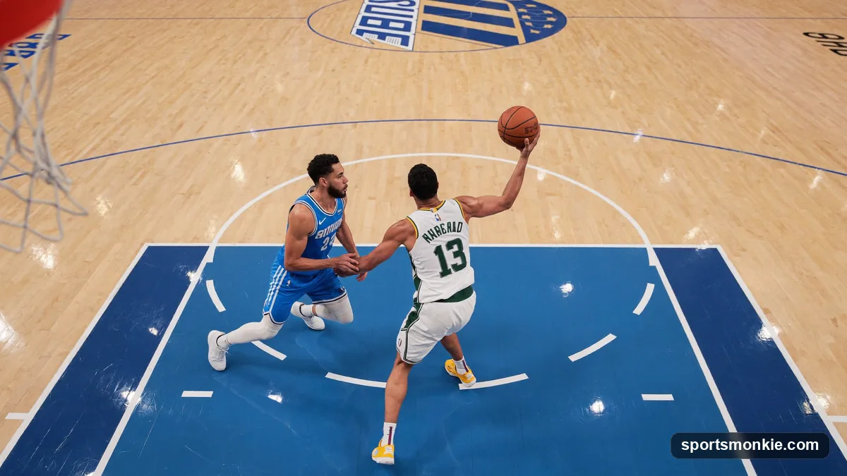 Diagram-style illustration of a basketball player faking toward the ball then cutting backdoor past a defender to the basket