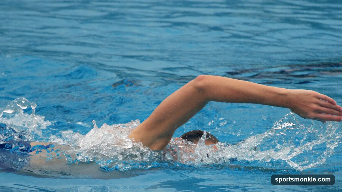 Swimmer performing backstroke swimming technique with an alternating straight-arm recovery in a competition pool
