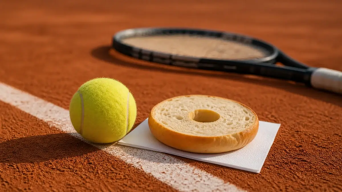 A yellow tennis ball resting on the baseline of a clay court next to a plain bagel, soft morning light — a visual pun on a 6-0 set