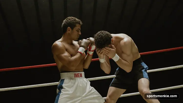 Two bare-knuckle boxers trading punches with unwrapped fists in a circular ring
