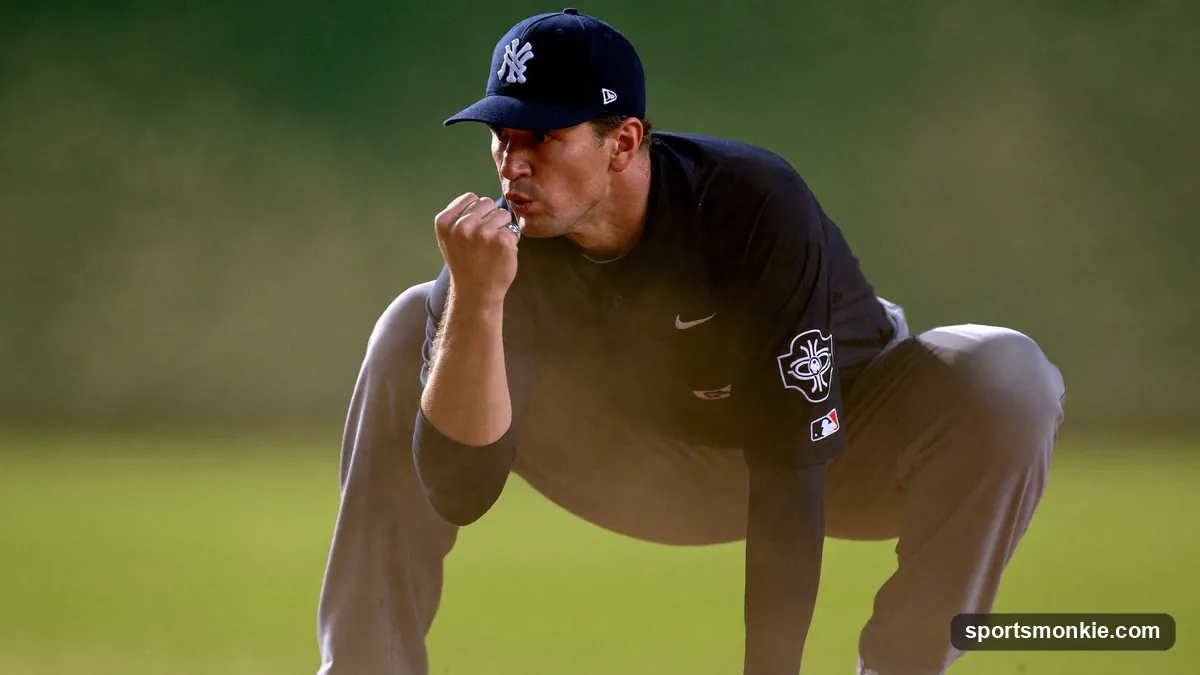 Baseball umpire demonstrating the out signal with a clenched fist behind home plate