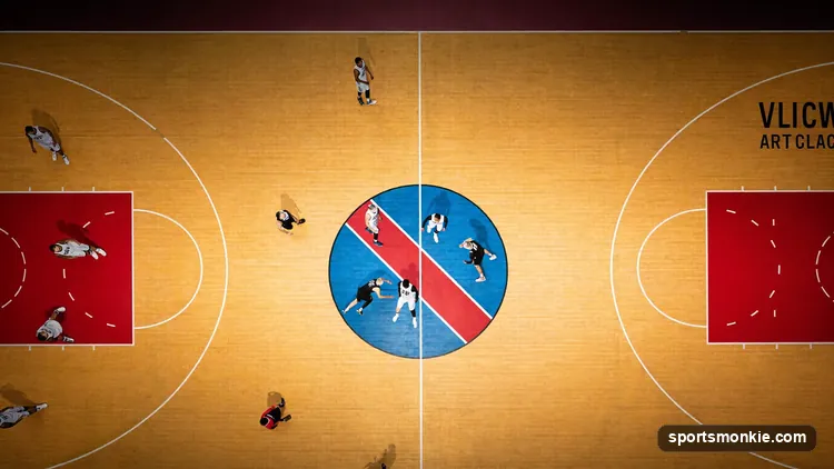 Diagram-style illustration comparing a basketball zone defense formation to a man-to-man defensive matchup on a half court