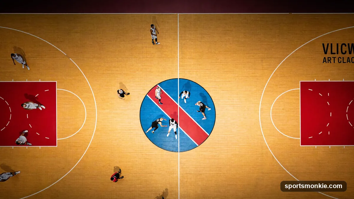 Diagram-style illustration comparing a basketball zone defense formation to a man-to-man defensive matchup on a half court