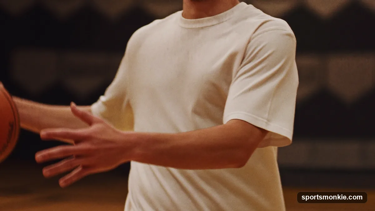 Player performing a low crossover dribble during a stationary ball-handling drill