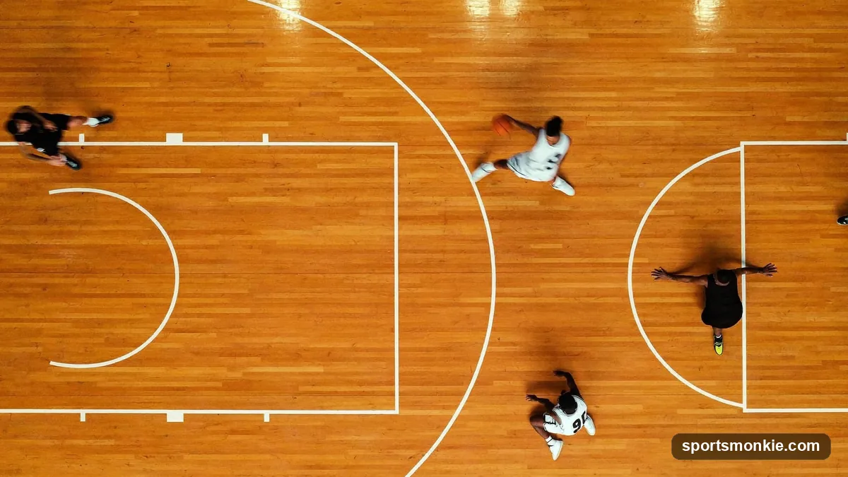 Diagram of five basketball players numbered 1 through 5 showing point guard, shooting guard, small forward, power forward, and center positions on the court