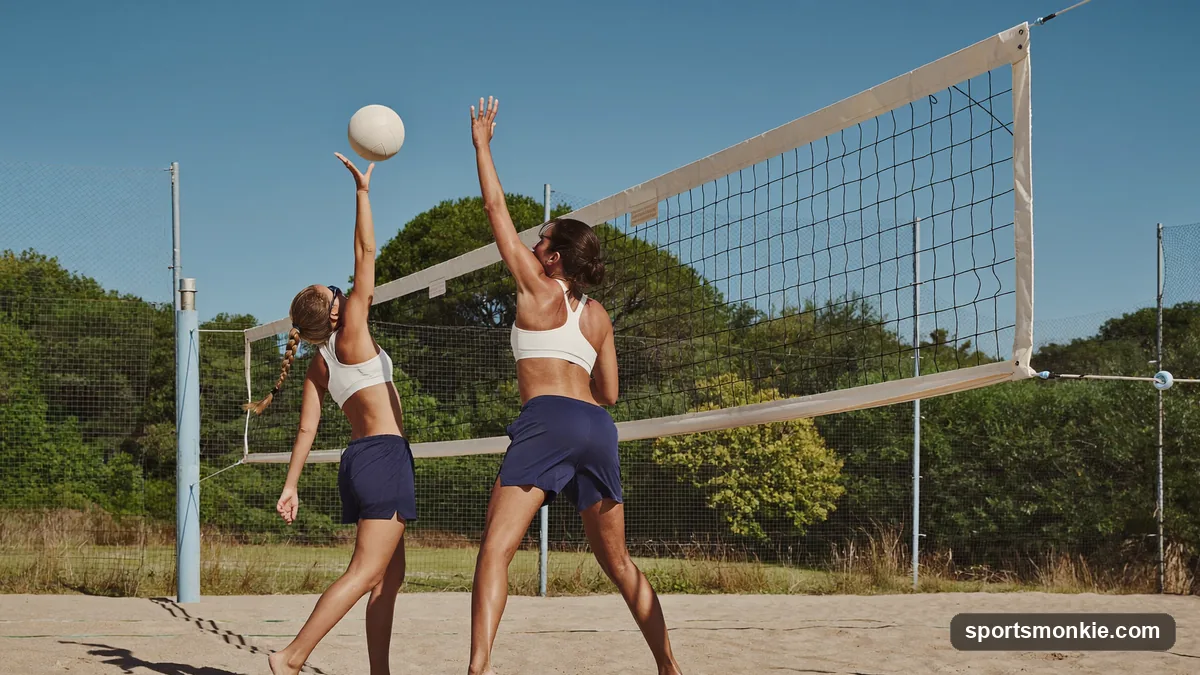 Two-player beach volleyball rally on a sand court with the ball above the net