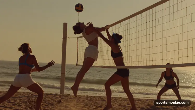 Split scene comparing a two-player beach volleyball match on sand with a six-player indoor court