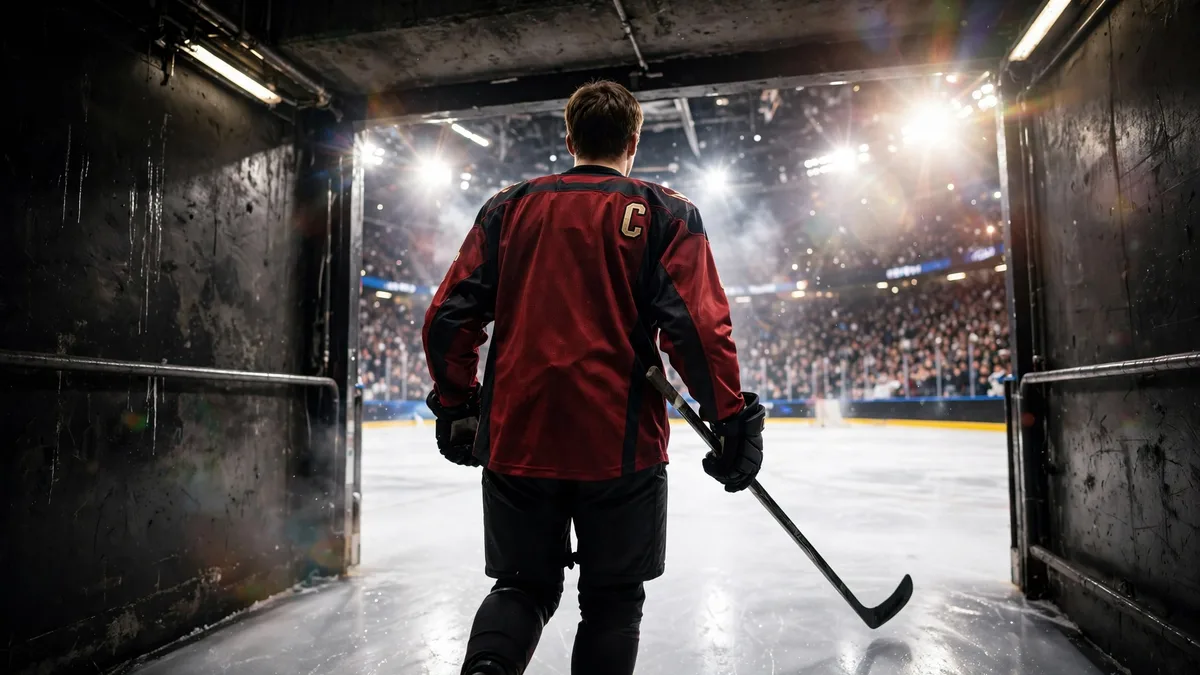 A generic hockey captain seen from behind in a plain dark jersey with a captain's C, stepping from an arena tunnel onto bright ice with his stick in hand, editorial graphic. AI-generated illustration, not the United Center or any real player.
