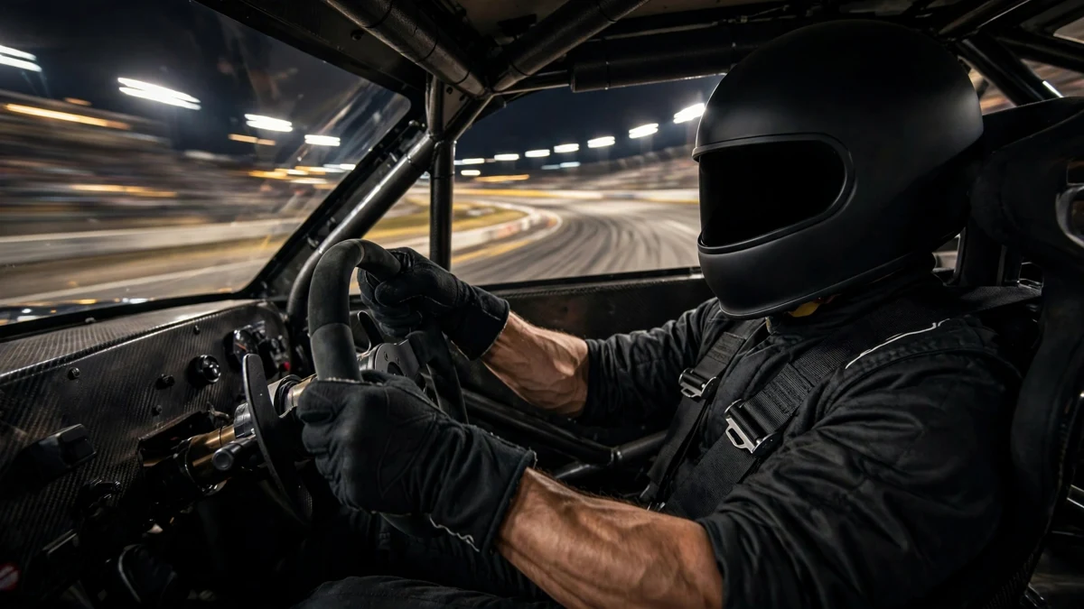 A generic stock car driver in a plain black helmet straining with both hands on a heavy steering wheel inside a cockpit on a banked floodlit speedway at night, editorial graphic