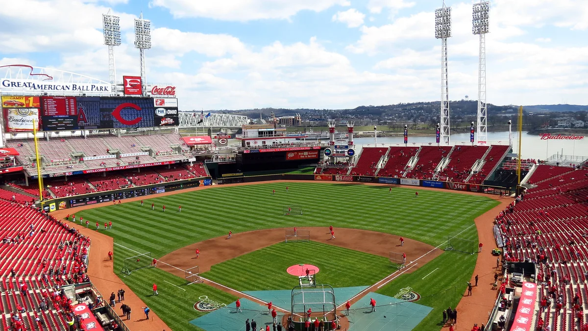 File photo from April 1, 2013: a wide view of Great American Ball Park, the Cincinnati Reds' home ballpark, on Opening Day. It is a file photo of the ballpark and does not show Todd Benzinger or the 1990 World Series. The cropped derivative is offered under the same CC BY-SA 2.0 licence.