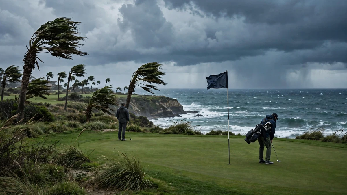 AI-generated illustration: two anonymous golfers seen from behind on a windswept coastal green beside the ocean, with a flagstick in the green and storm clouds overhead. It is an illustration of a wind-hit coastal playoff, not Port Royal Golf Course and not Seamus Power or Austin Smotherman.