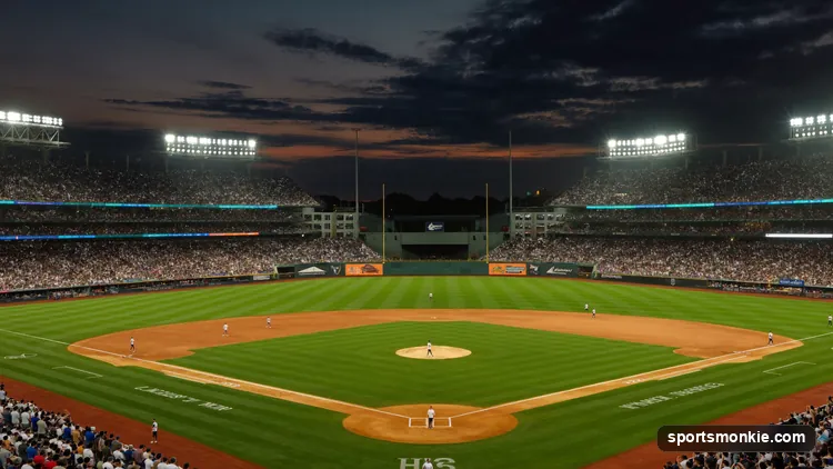 A classic MLB ballpark filled with fans under stadium lights