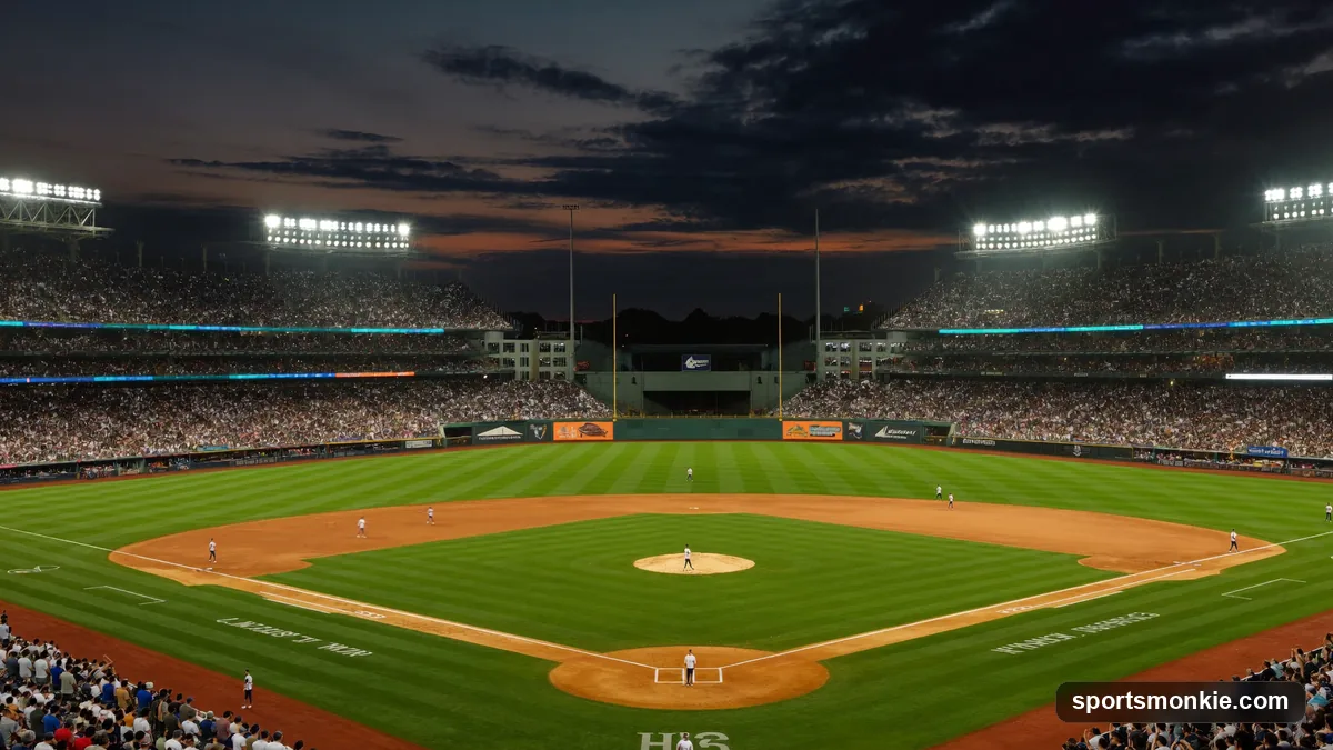A classic MLB ballpark filled with fans under stadium lights