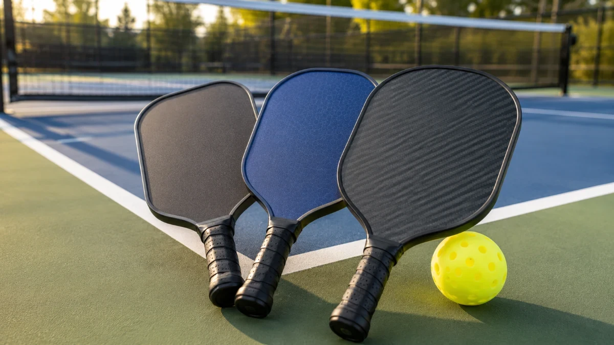 Three pickleball paddles fanned out on a court next to a ball, representing control, all-court, and power options
