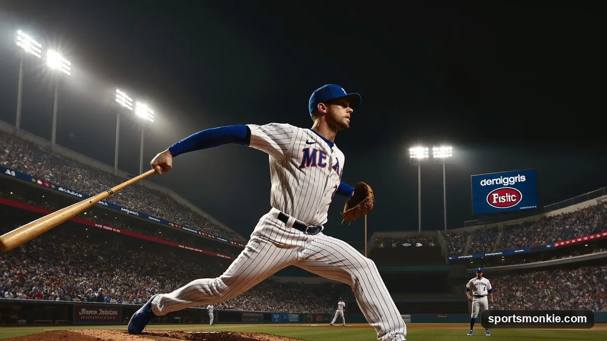 An MLB pitcher mid-delivery on the mound under stadium lights