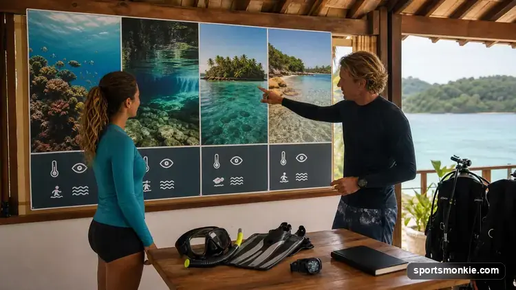 A beginner scuba diver practicing buoyancy over a shallow, clear-water coral reef with a dive instructor nearby