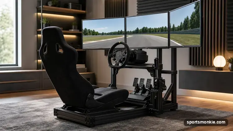 A folding sim racing cockpit with a steering wheel, pedals and bucket seat set up in a small apartment room