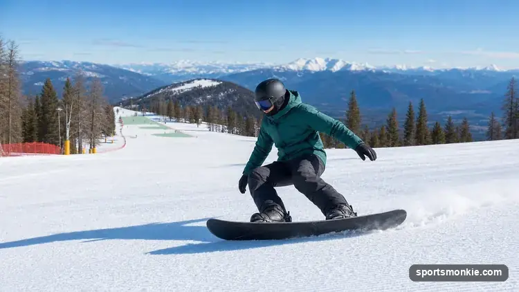 A row of beginner all-mountain snowboards standing upright in fresh snow at a resort
