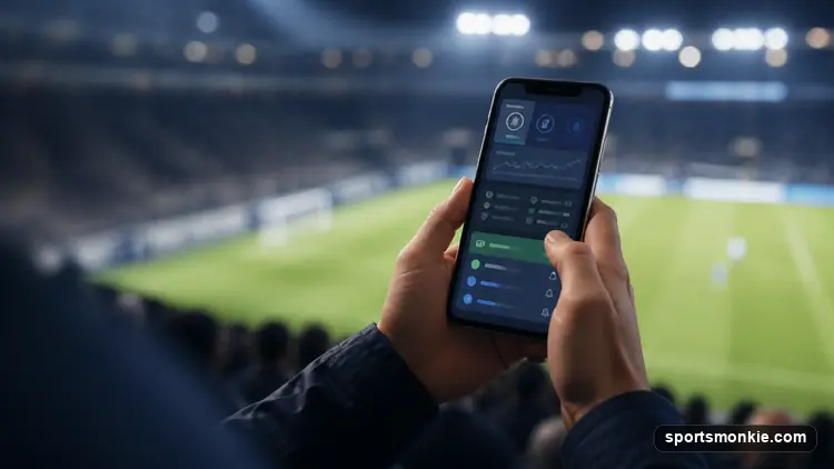 Sports fan checking a generic scores and statistics dashboard on a smartphone inside a stadium