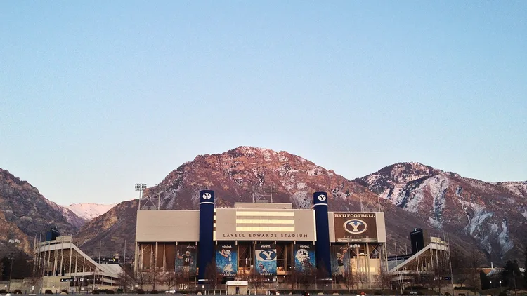 File photo from 14 March 2015: LaVell Edwards Stadium in Provo, Utah, where BYU beat Notre Dame 28-24 on Saturday night. It does not show Saturday's game.