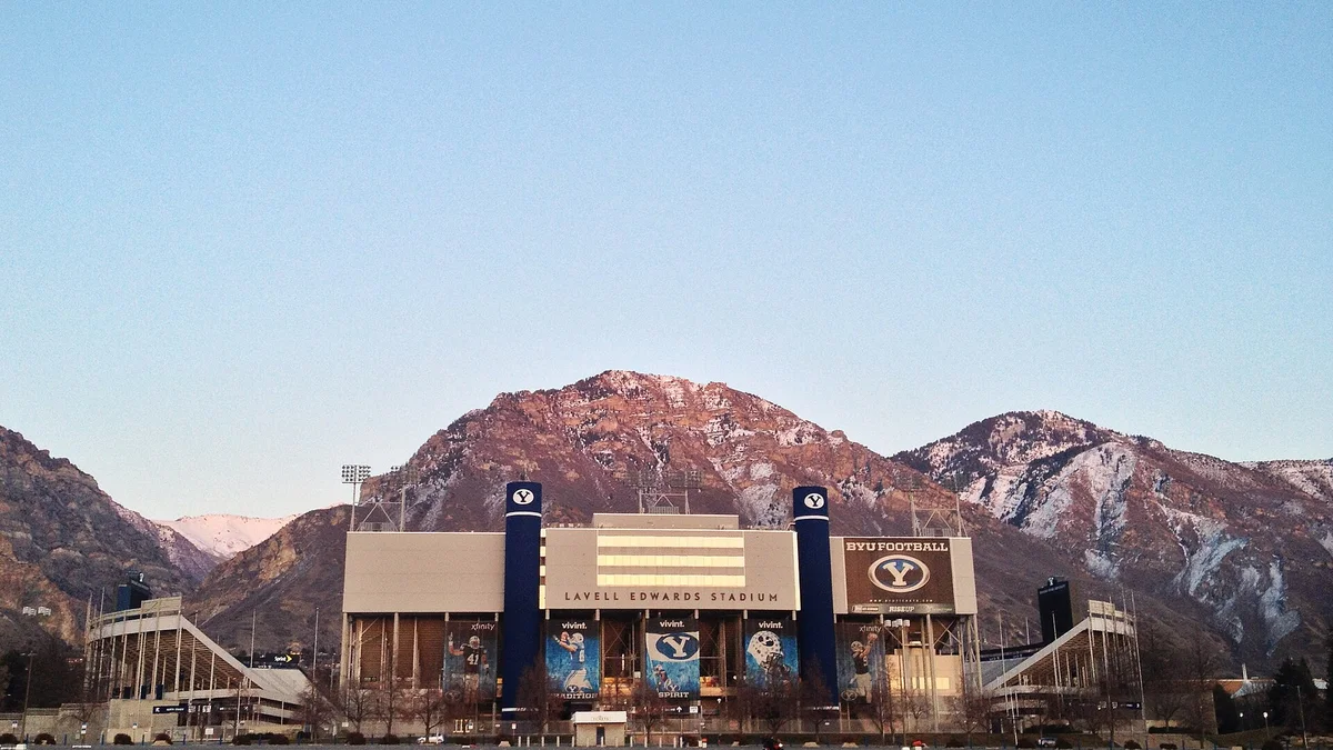 File photo from 14 March 2015: LaVell Edwards Stadium in Provo, Utah, where BYU beat Notre Dame 28-24 on Saturday night. It does not show Saturday's game.