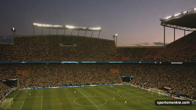 A packed football stadium at night with fans filling every tier under floodlights