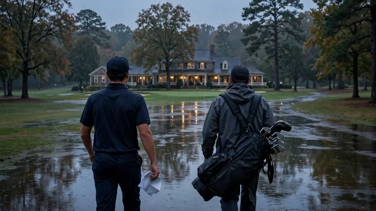 A generic teenage professional golfer seen from behind walking up a rain-soaked fairway toward a clubhouse at dusk with his caddie, holding a paper card with no readable text, editorial graphic