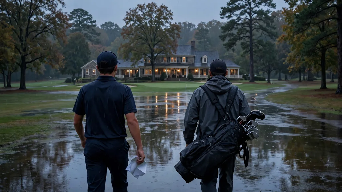 A generic teenage professional golfer seen from behind walking up a rain-soaked fairway toward a clubhouse at dusk with his caddie, holding a paper card with no readable text, editorial graphic