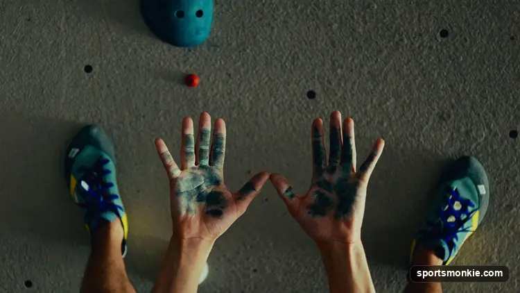 Close-up of beginner climbing shoes on a bouldering gym foothold