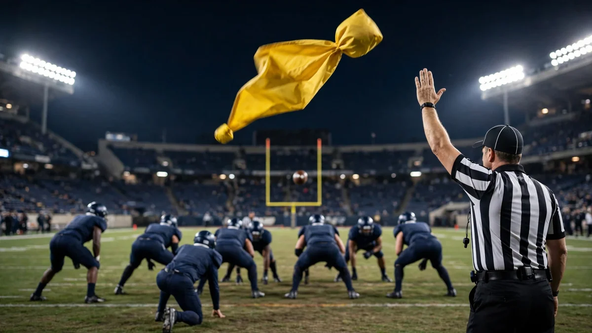A yellow penalty flag in mid-air above a field-goal unit lined up at night in a floodlit stadium, a referee signalling a delay penalty with the ball already through the uprights, editorial graphic